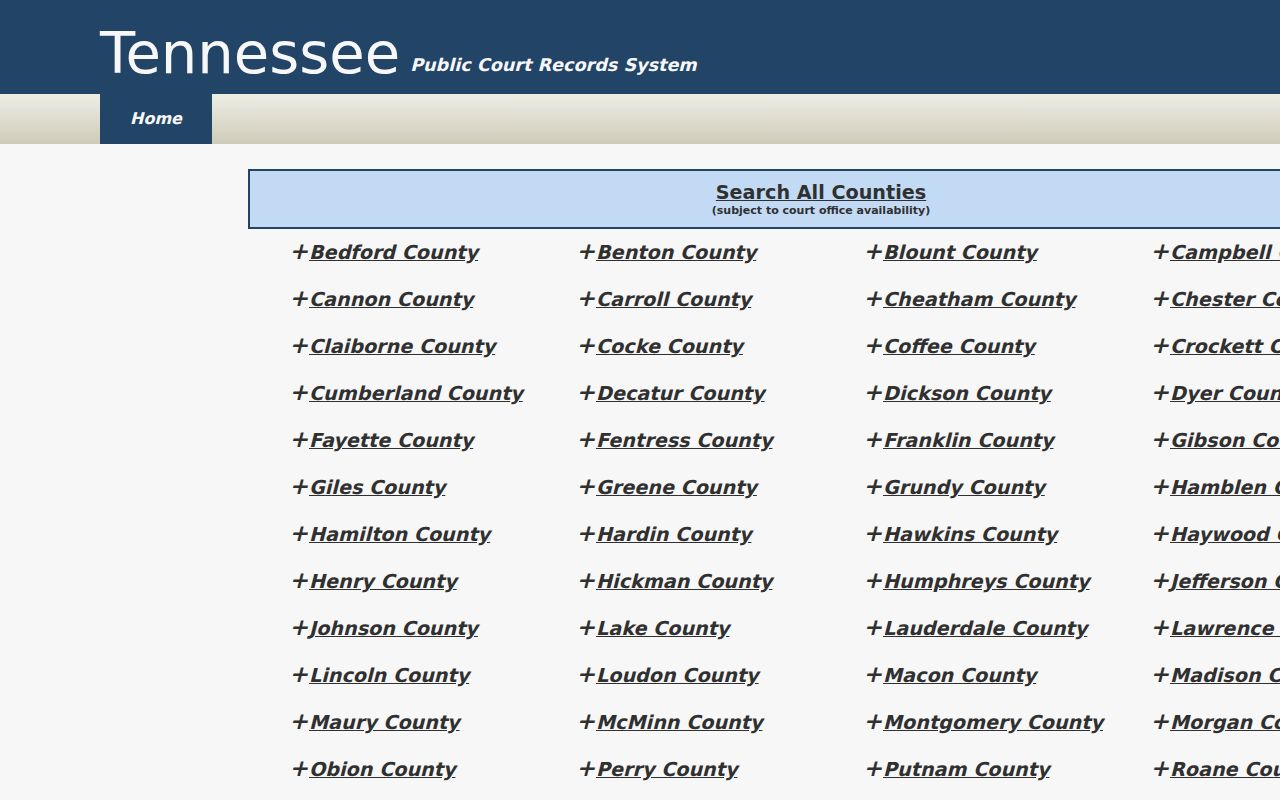 Tennessee Public Court Records System for Tipton County court records