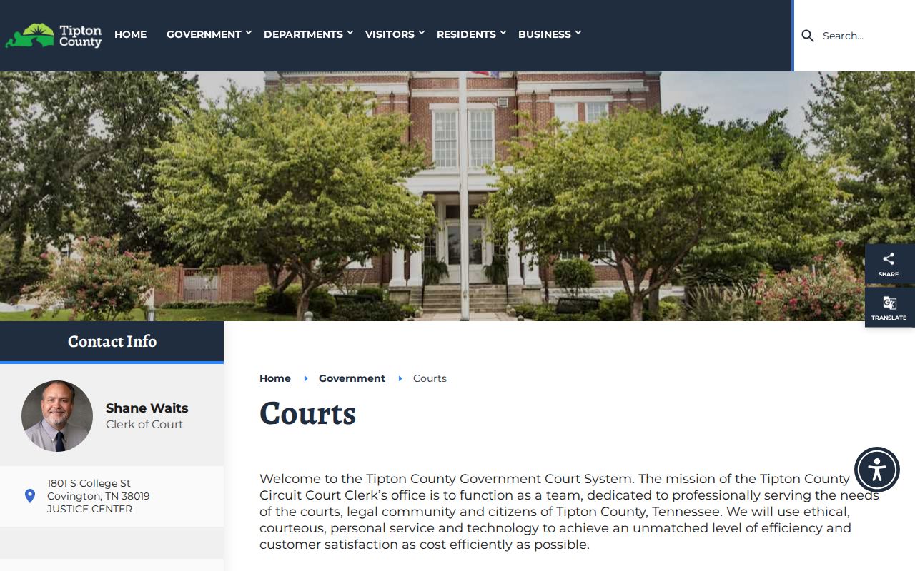 Tipton County courts landing page and Justice Center court routes